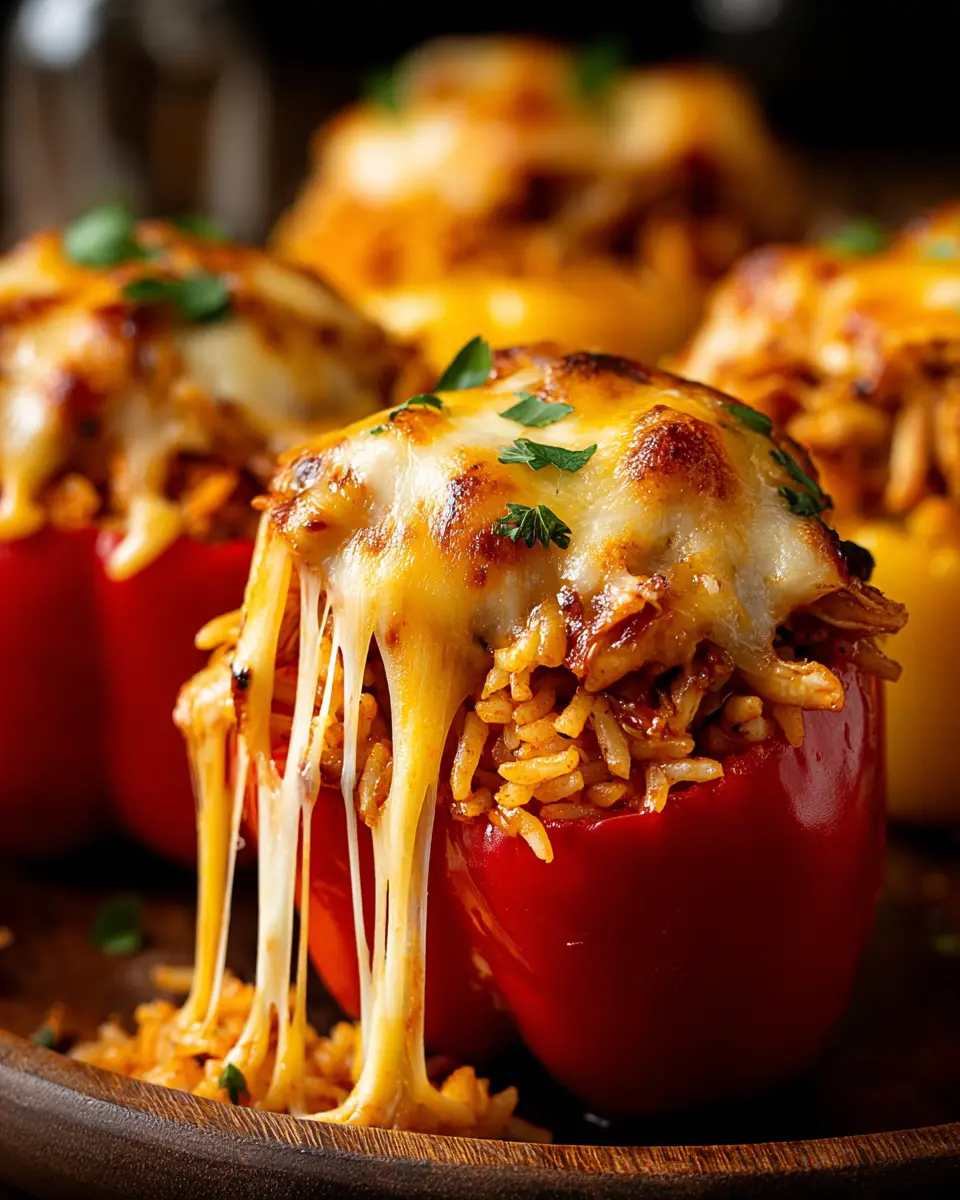 bbq chicken stuffed peppers with rice close up