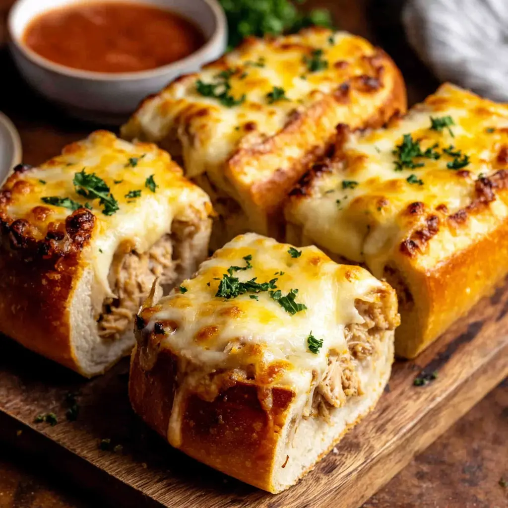 cheesy chicken garlic bread boats sandwich final presentation