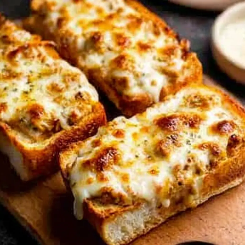 cheesy chicken garlic bread boats sandwich close up