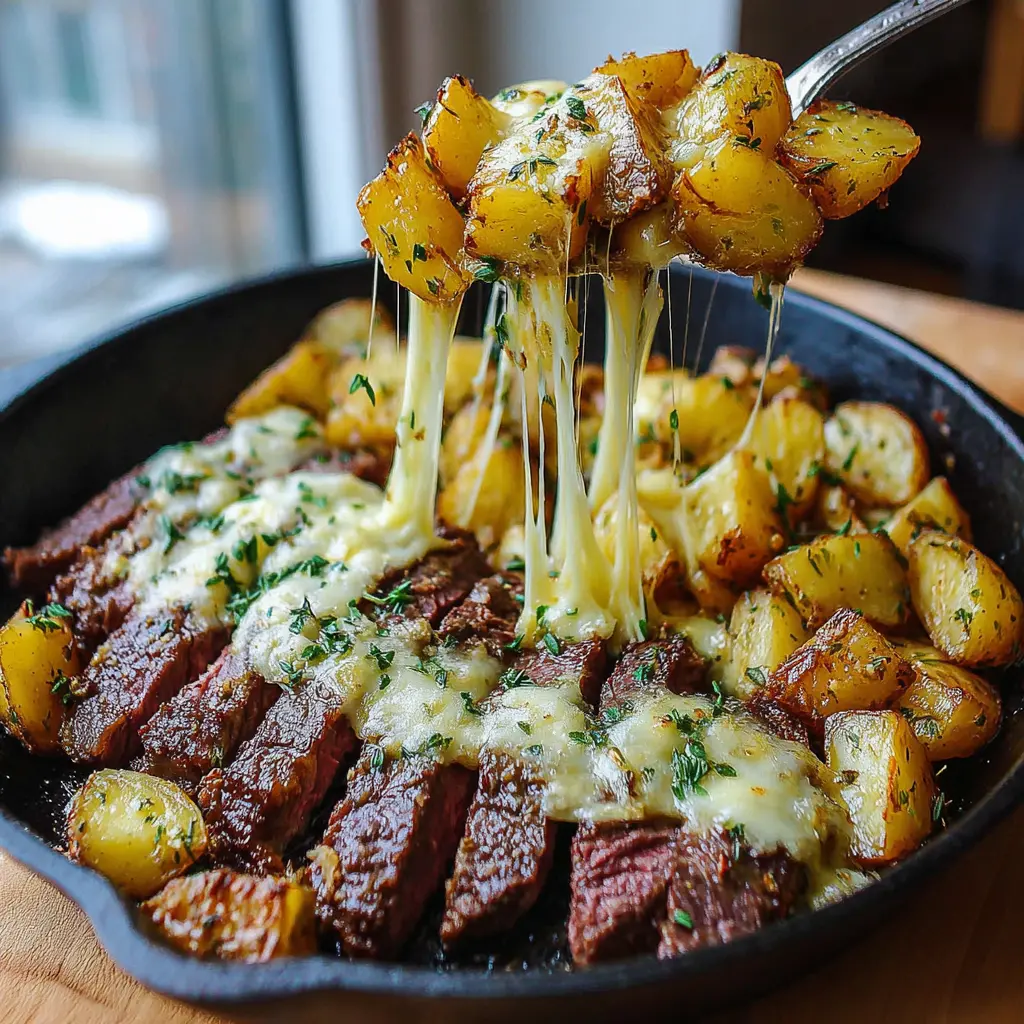 cheesy garlic butter steak and potato skillet close up
