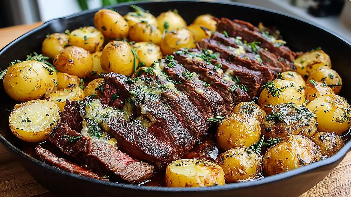 cheesy garlic butter steak and potato skillet final presentation