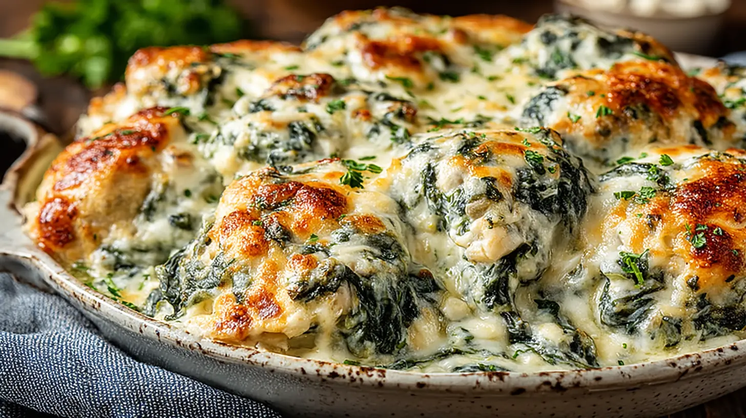 chicken spinach artichoke bake served on a plate with rice