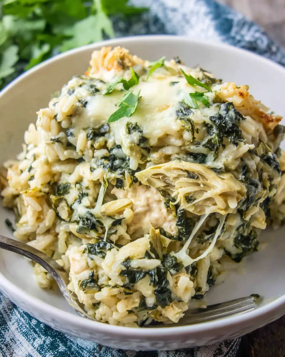 chicken spinach artichoke rice casserole close up showing creamy sauce and melted cheese