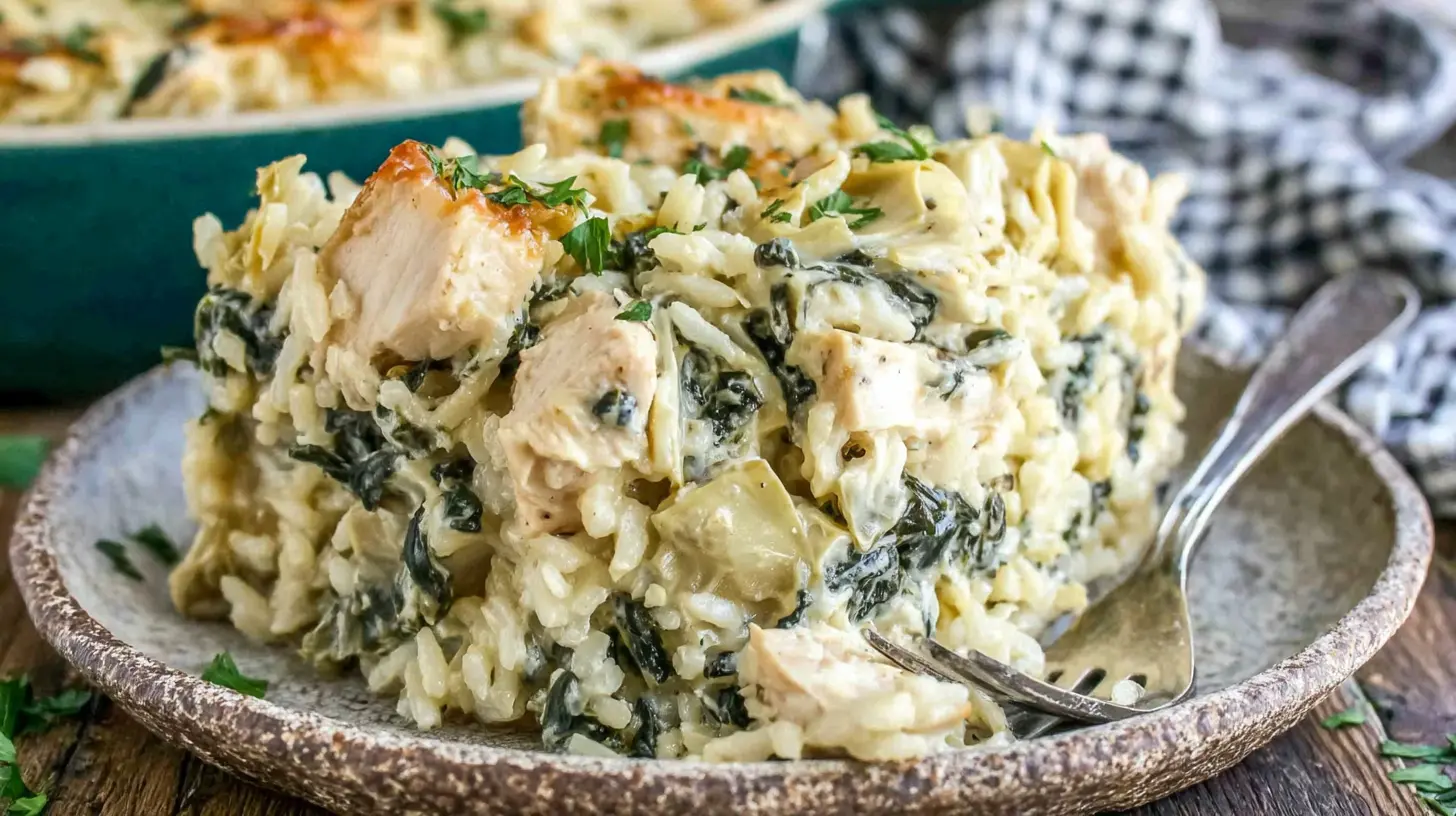 chicken spinach artichoke rice casserole final presentation on a dinner table