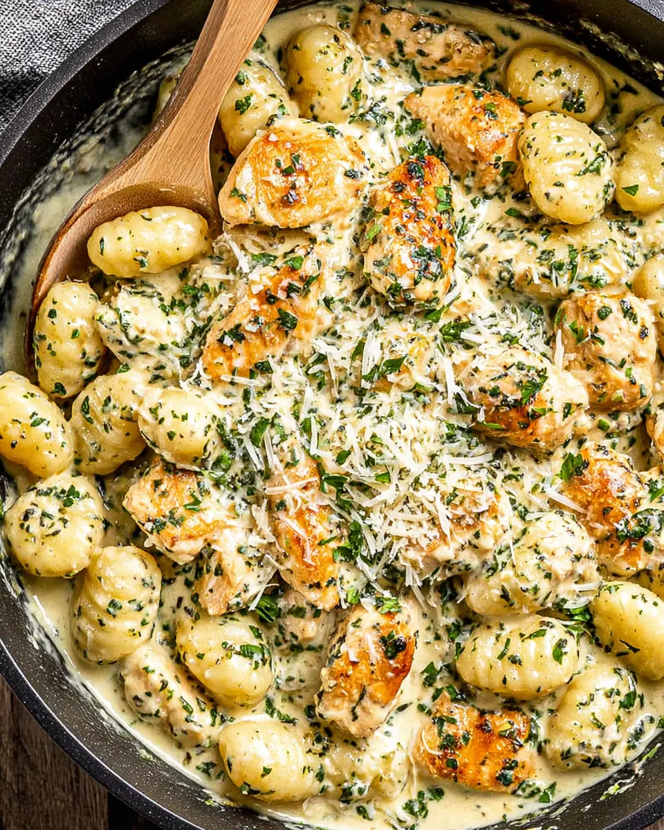 creamy garlic chicken gnocchi gluten free close up