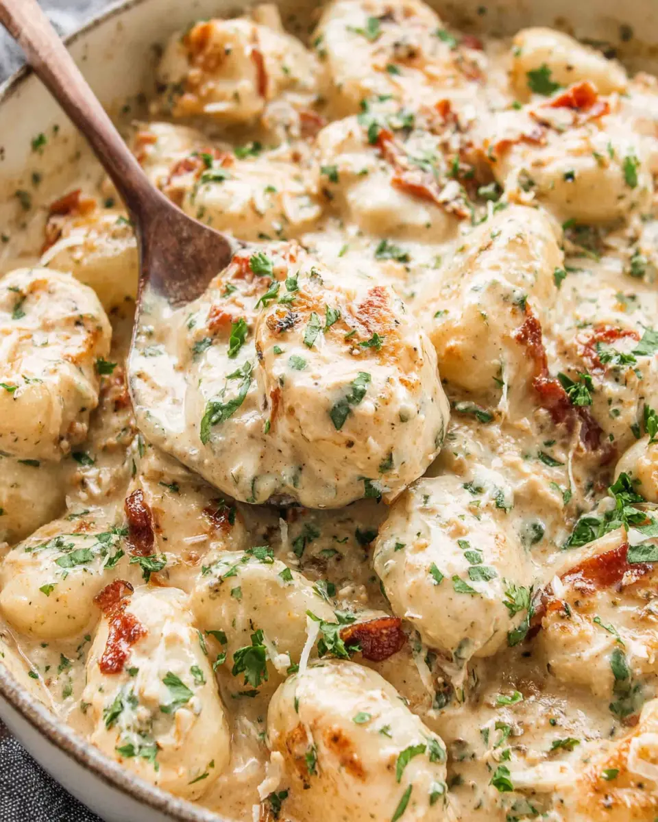creamy garlic chicken gnocchi in tomato sauce close up