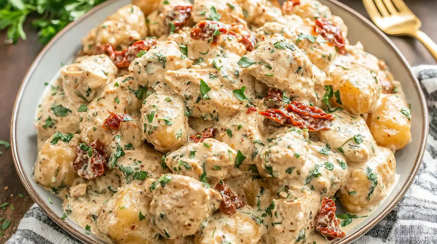 creamy garlic chicken gnocchi in tomato sauce final presentation