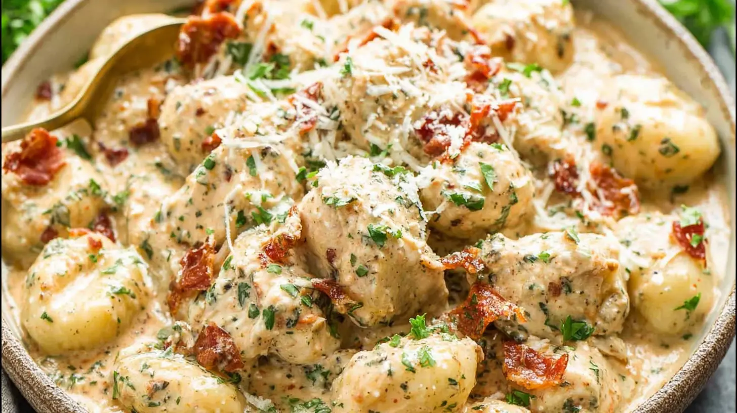 New best creamy garlic chicken gnocchi with tomato. Feast!