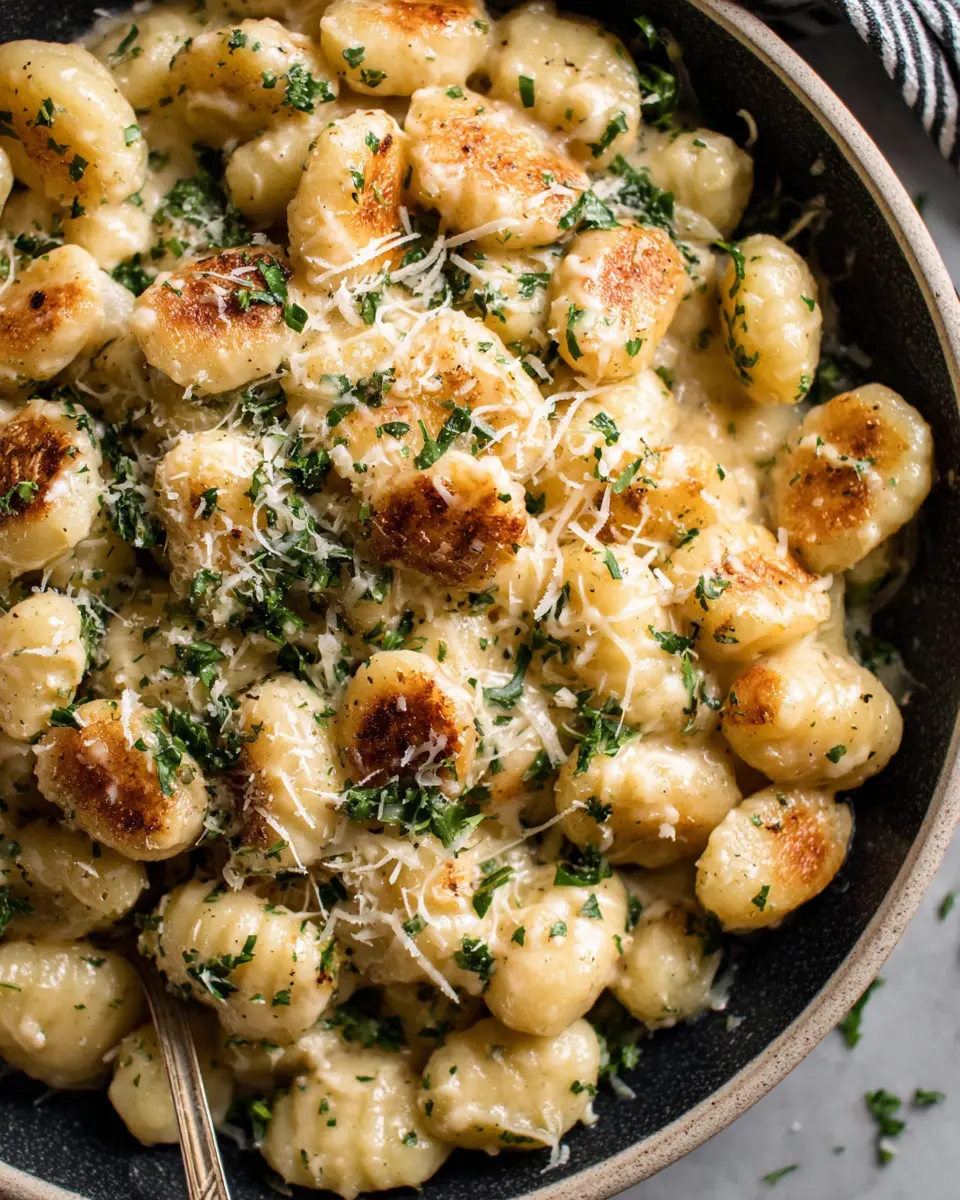creamy garlic chicken gnocchi linguine close up