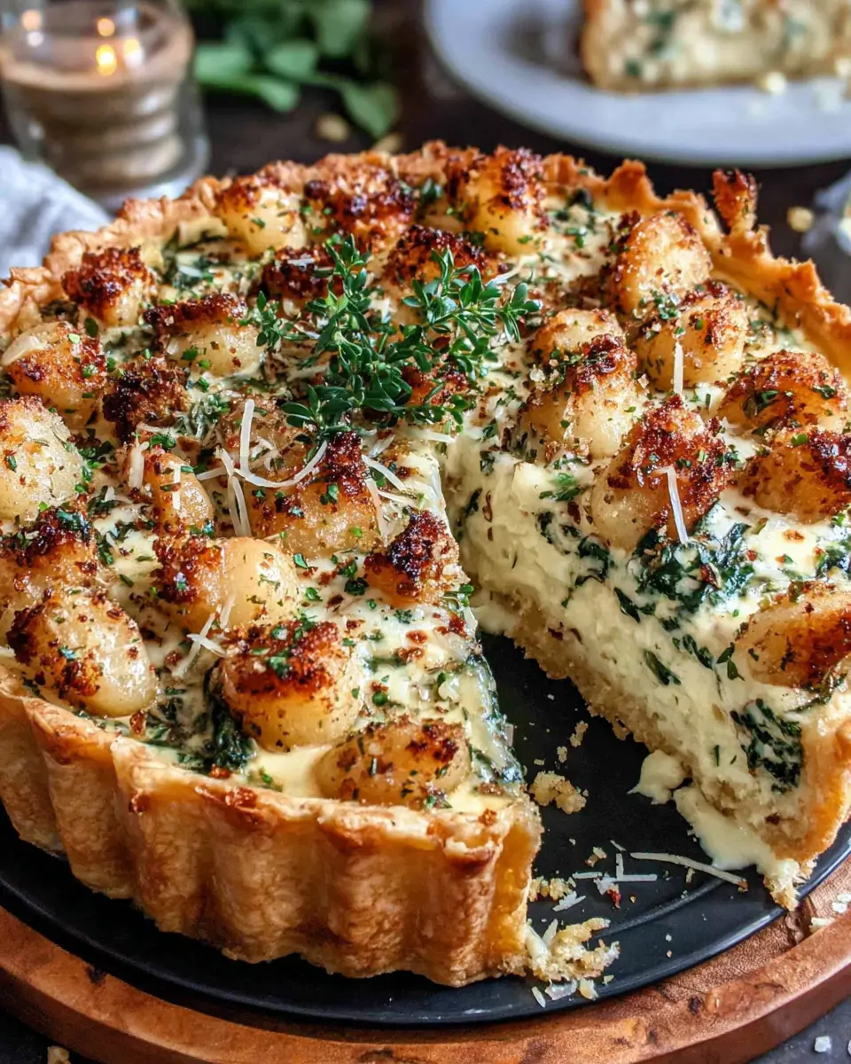 creamy garlic chicken gnocchi quiche close up