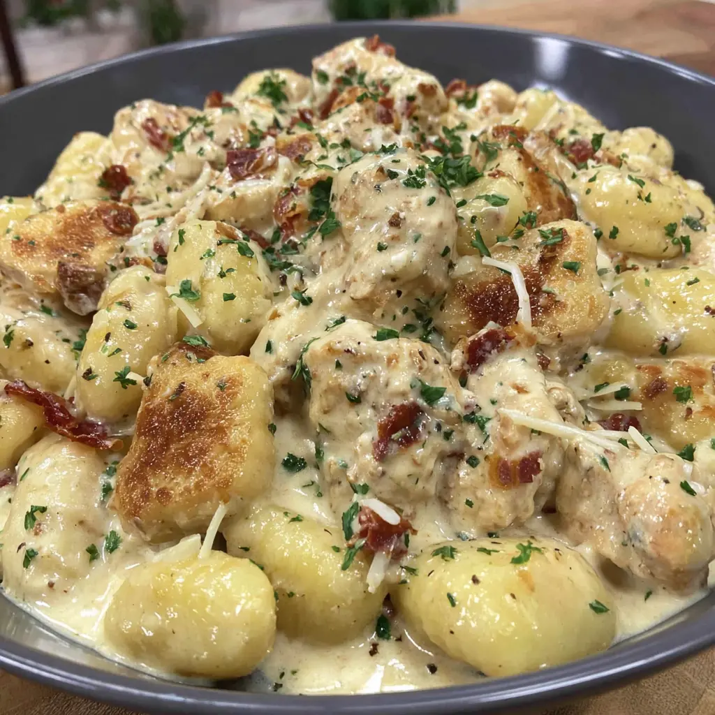 creamy garlic chicken gnocchi recipe close up