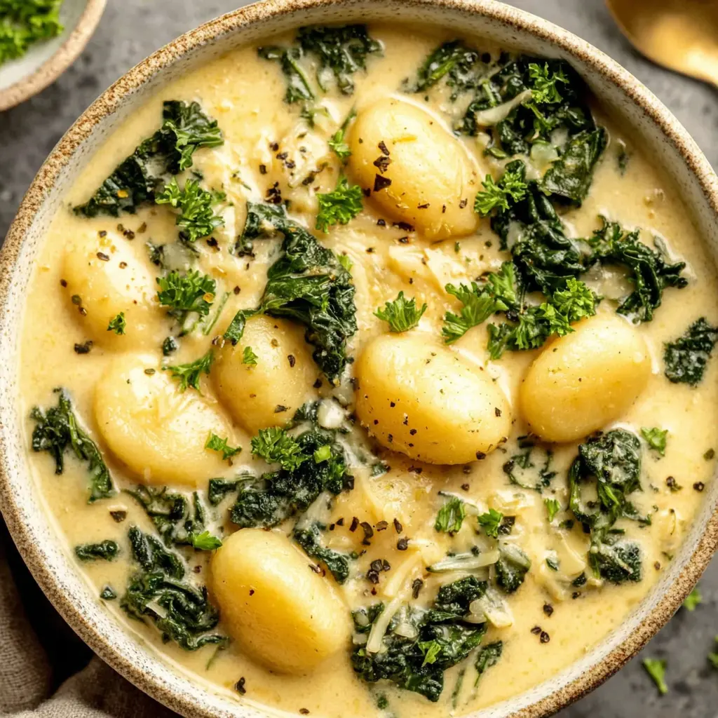 creamy garlic chicken gnocchi soup close up