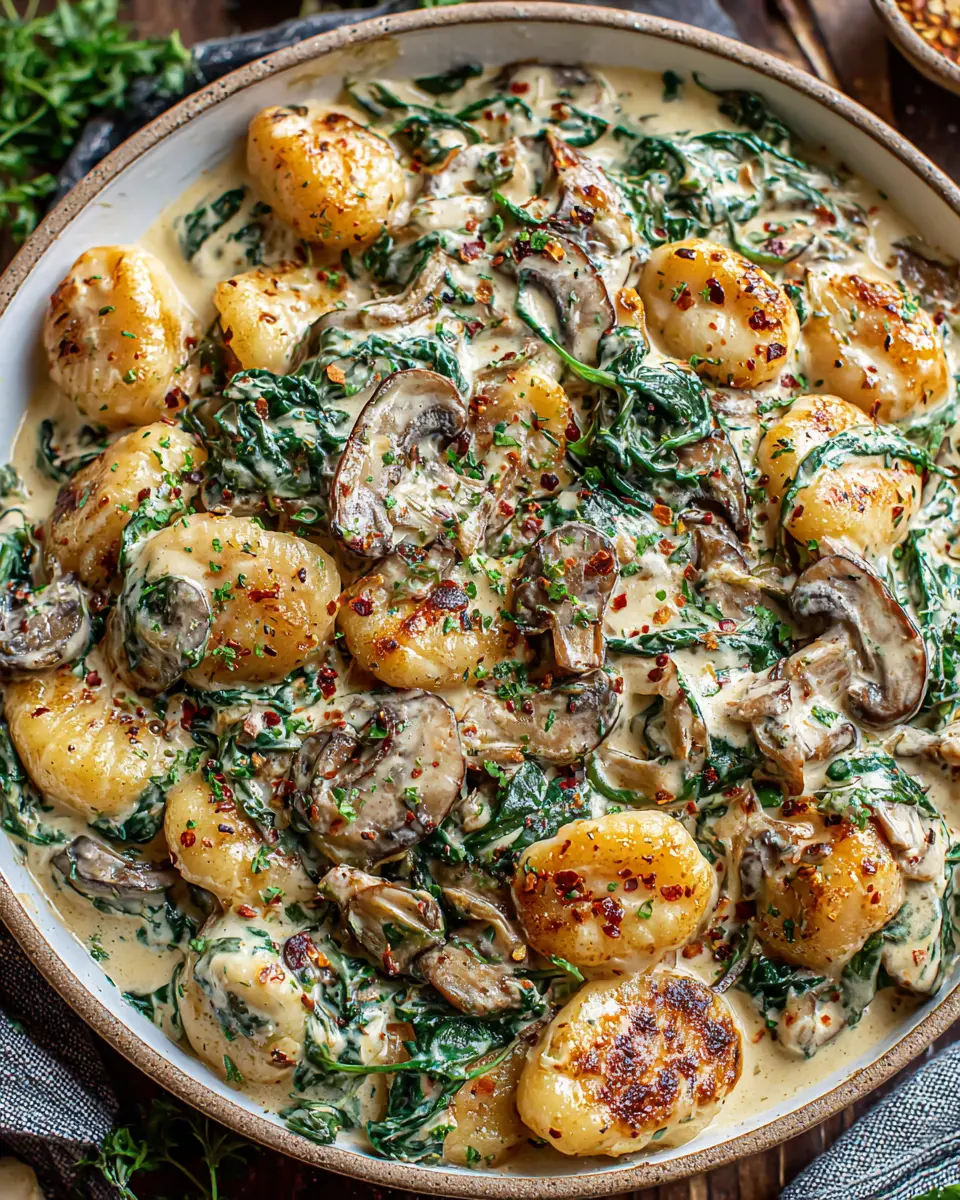creamy garlic chicken gnocchi with mushrooms close up