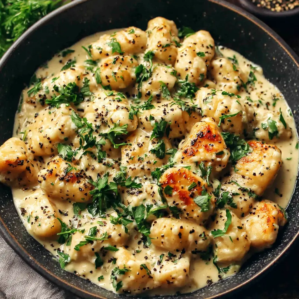 creamy garlic & herby chicken gnocchi close up