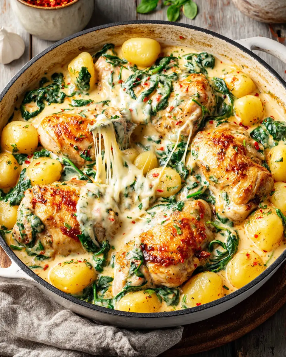 creamy garlic spinach chicken thighs with gnocchi close up