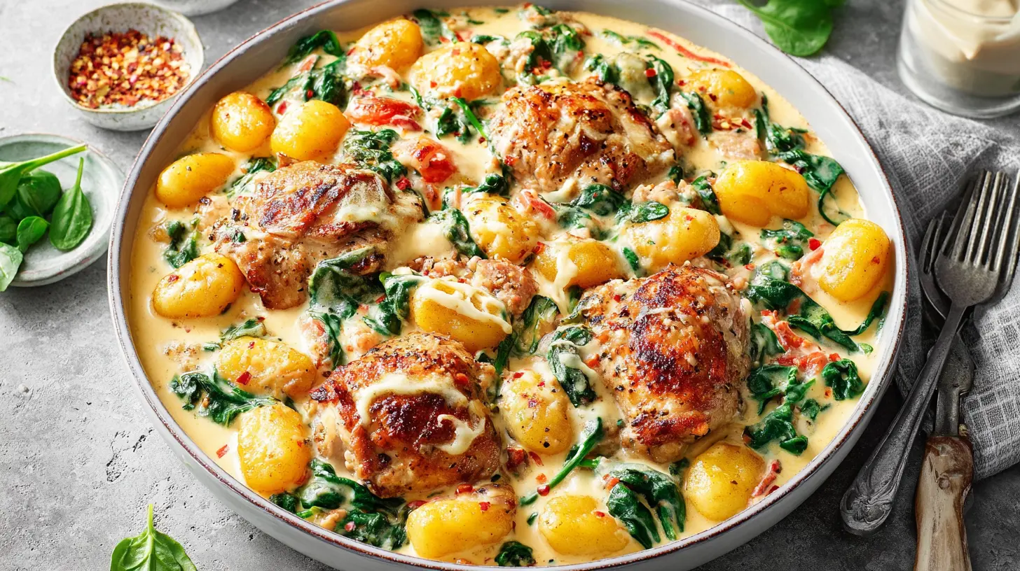 Easy, happy creamy garlic spinach chicken thighs with gnocchi.