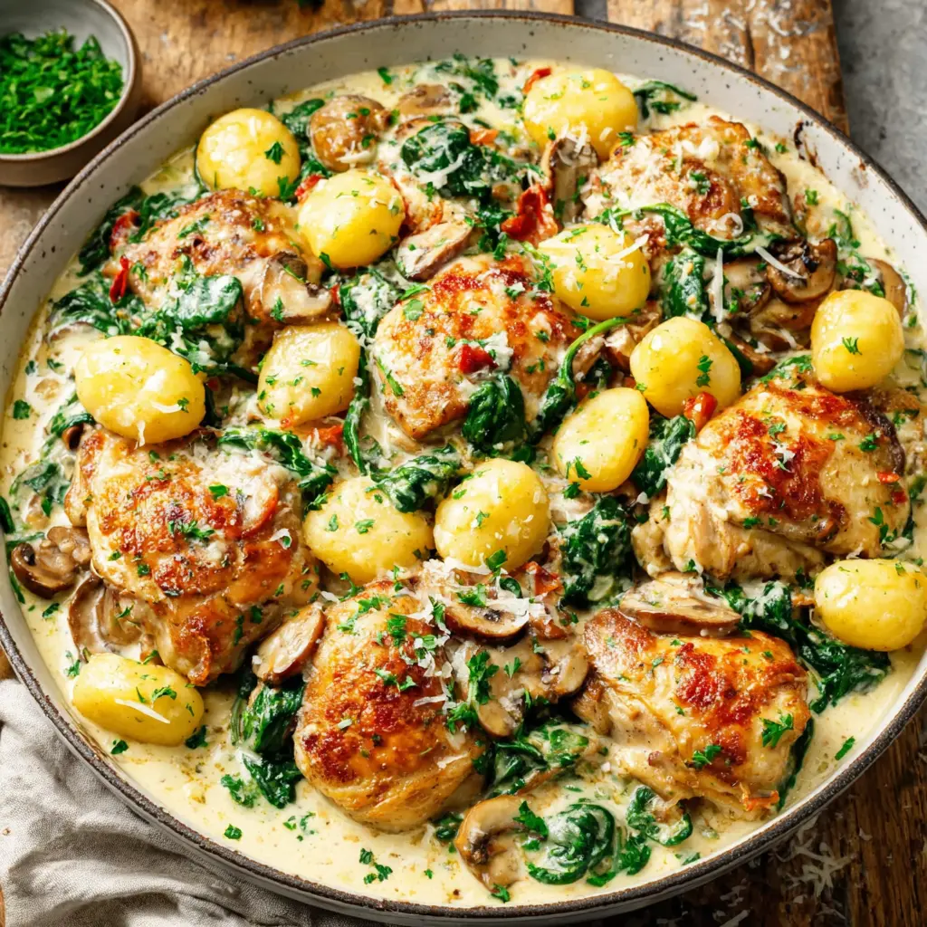 creamy garlic spinach chicken thighs with gnocchi final presentation