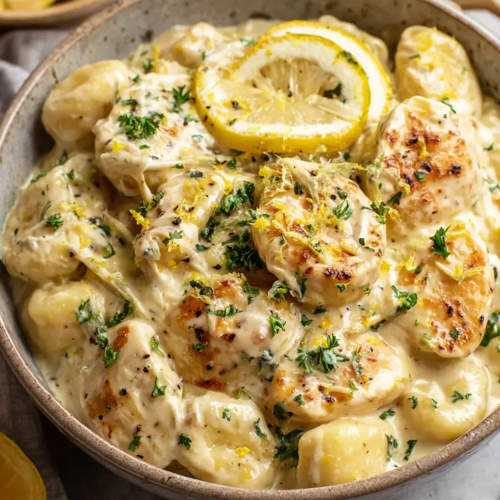 creamy lemon garlic chicken gnocchi close up