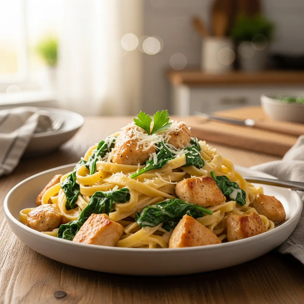 creamy chicken spinach garlic pasta recipe final presentation