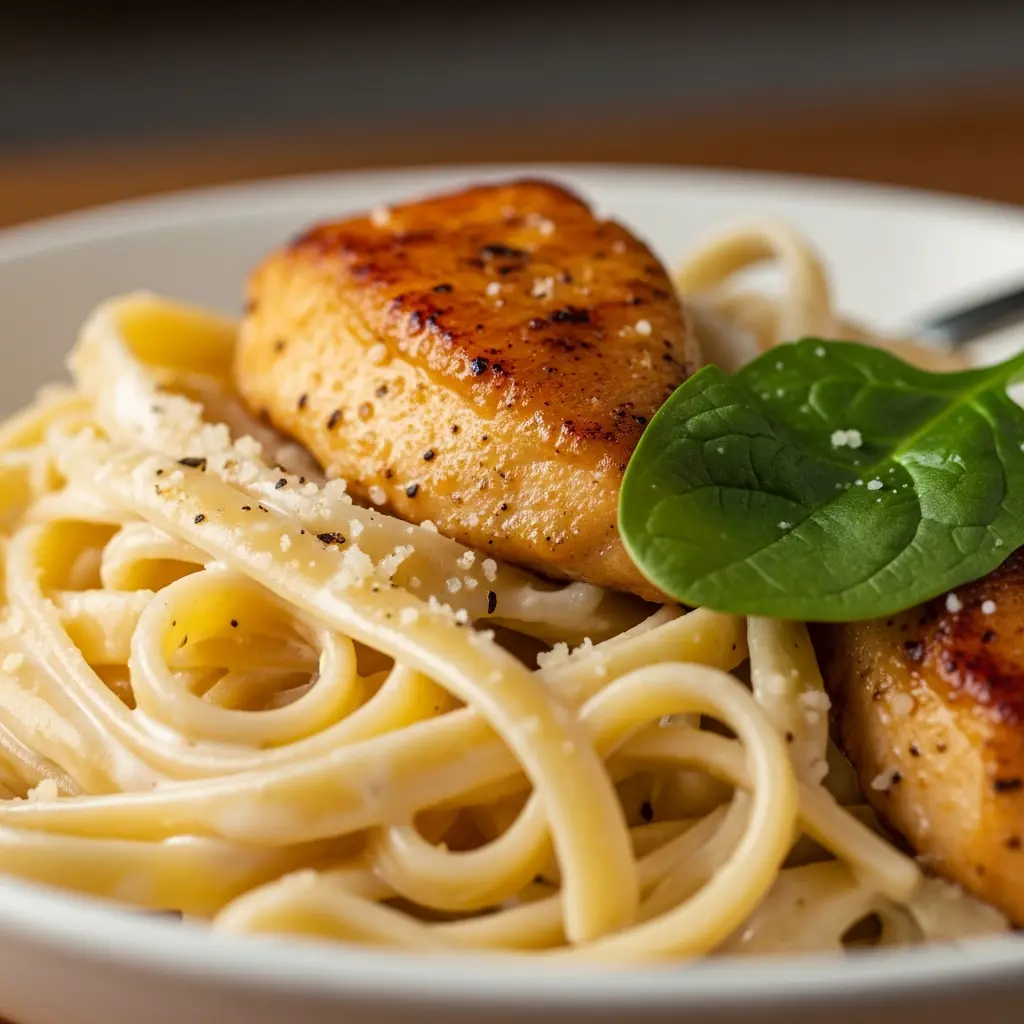 creamy chicken spinach garlic pasta recipe close up