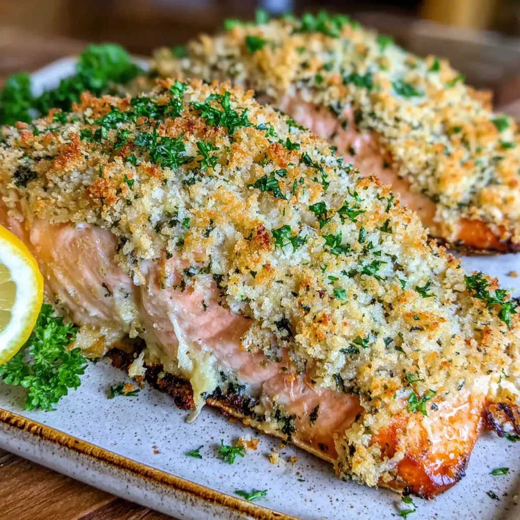 crispy garlic parmesan crusted salmon final presentation with sides