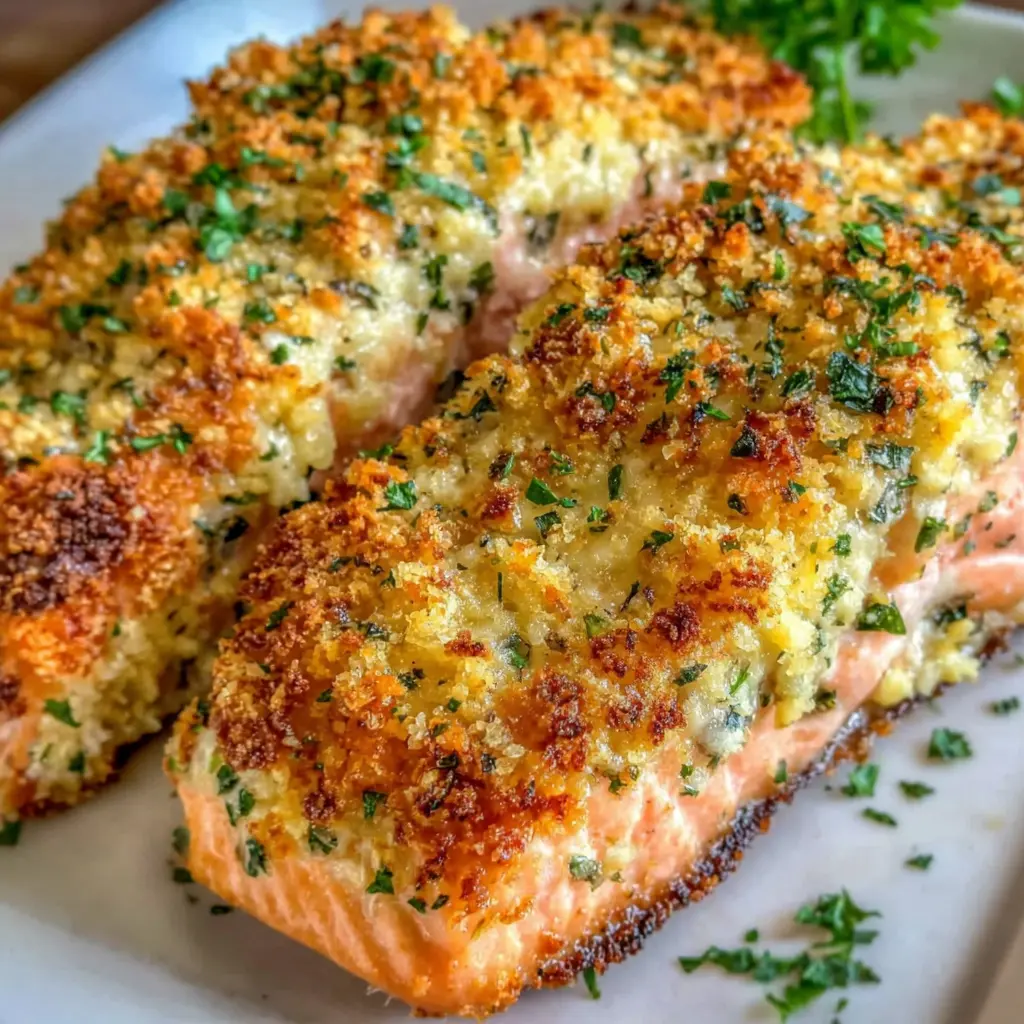 crispy garlic parmesan crusted salmon close up showing golden crust