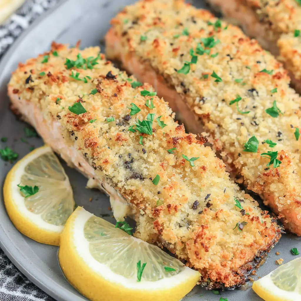 crispy parmesan crusted salmon air fryer close up showing crust texture