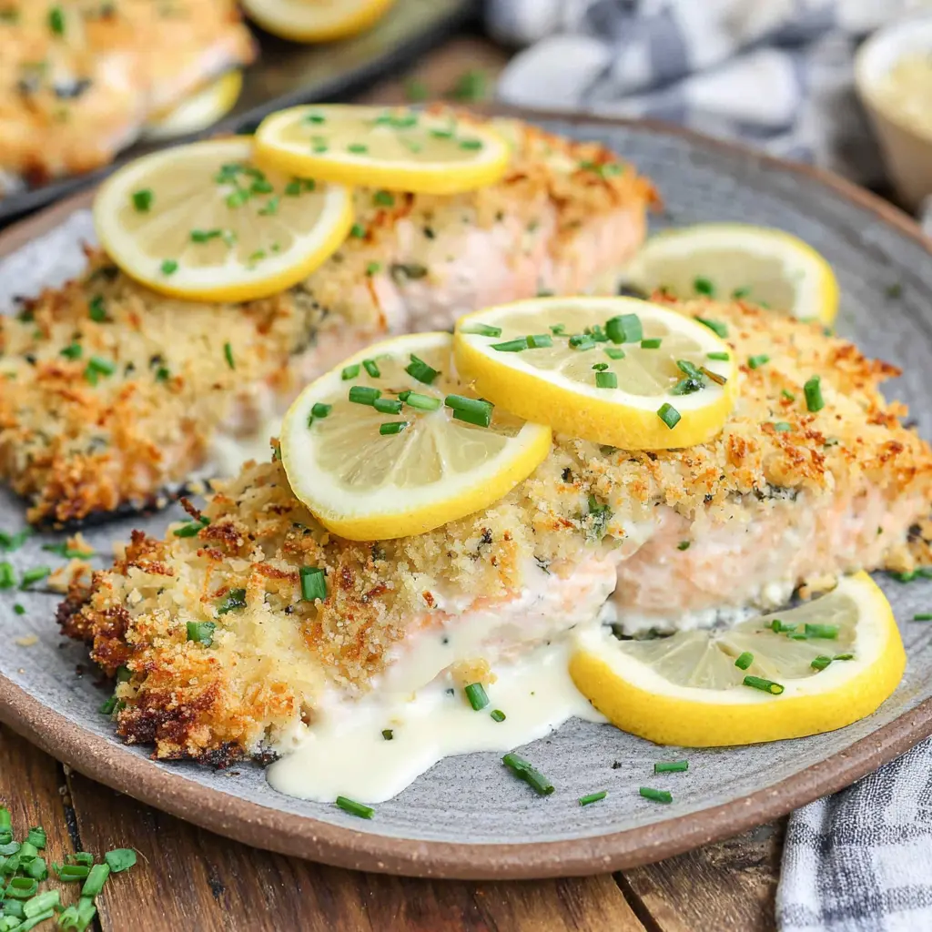 crispy parmesan crusted salmon air fryer served with asparagus and lemon