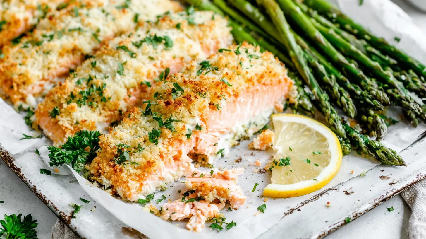 crispy parmesan crusted salmon and asparagus plated
