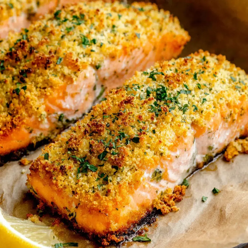 crispy parmesan crusted salmon from frozen close up