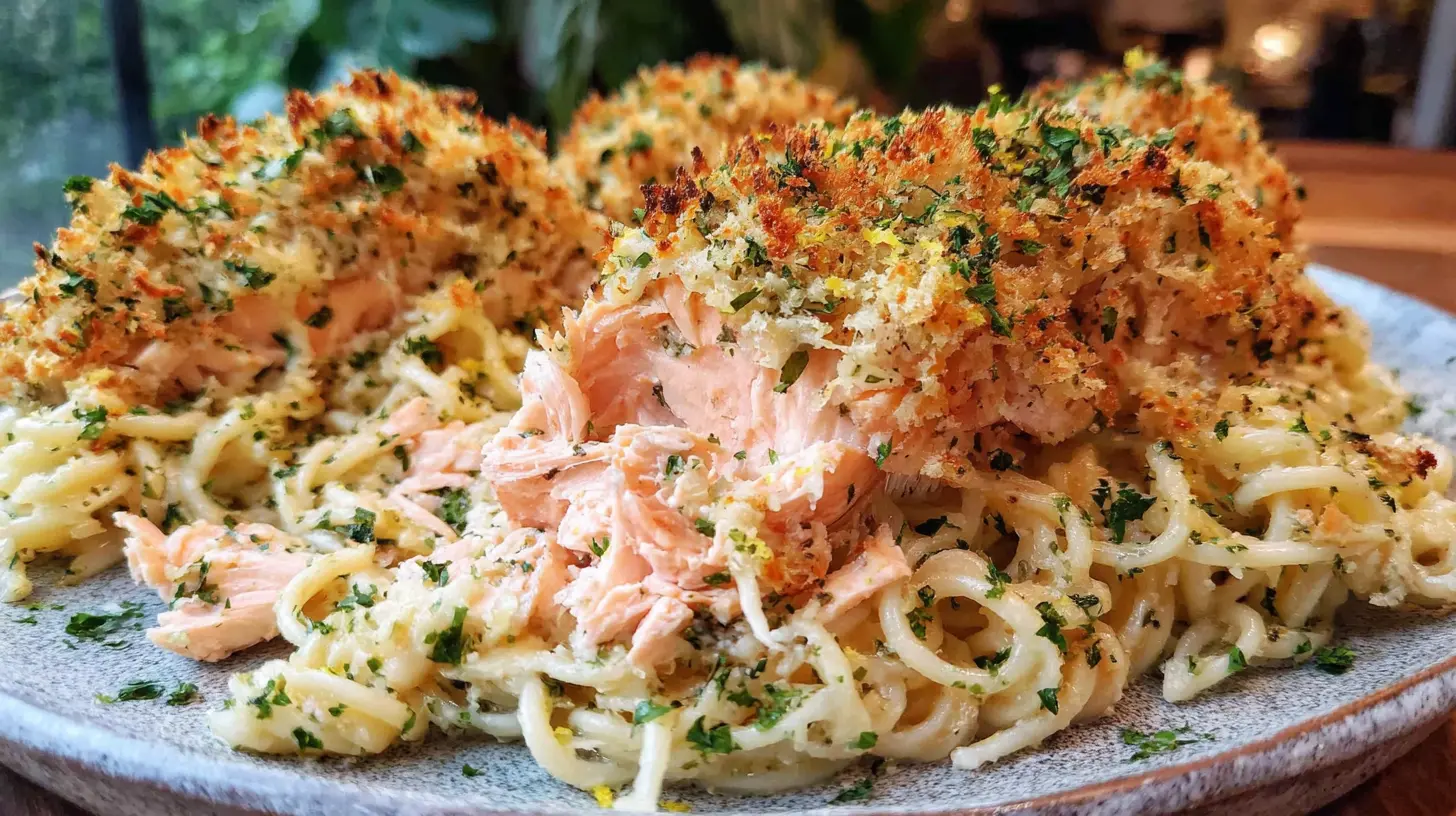 crispy parmesan crusted salmon pasta served at the table
