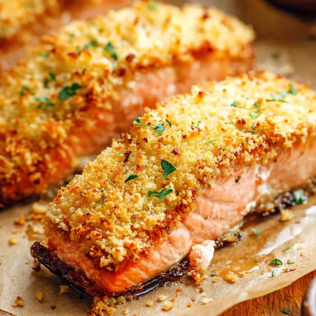 crispy parmesan crusted salmon recipe close up