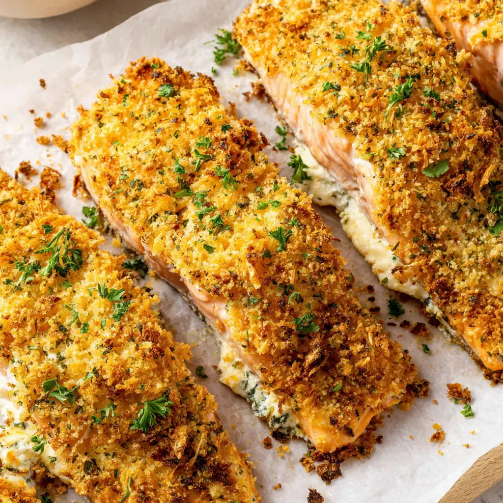 crispy parmesan crusted salmon with cream cheese close up