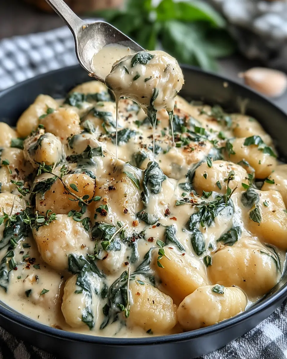 easy creamy garlic chicken gnocchi close up