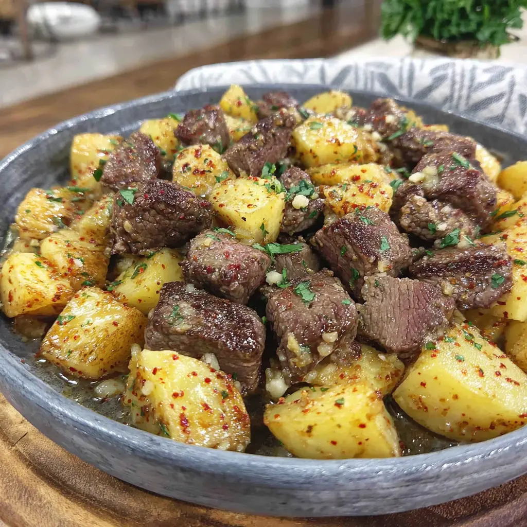 air fryer steak and potatoes recipe garlic butter final presentation on a plate