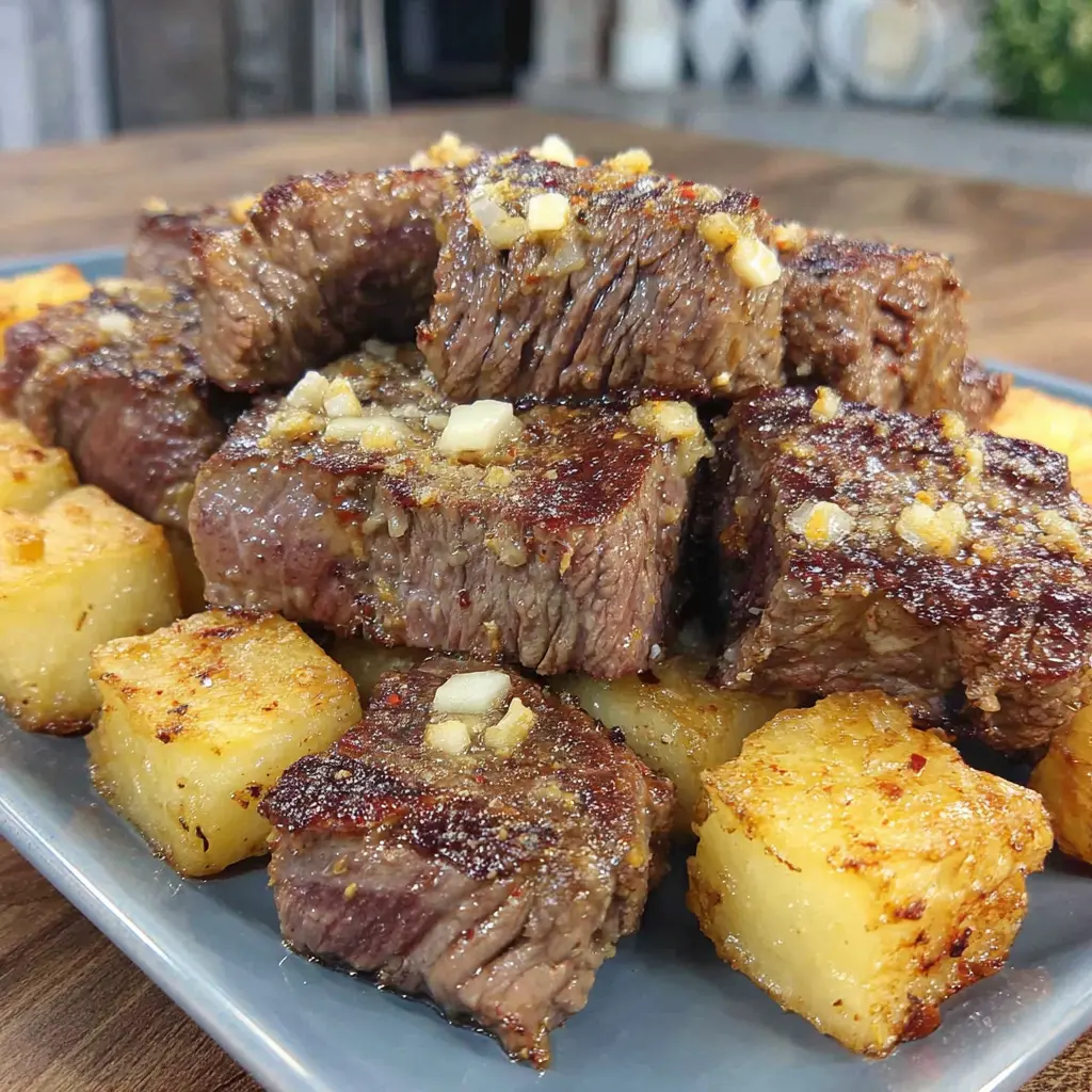 air fryer steak and potatoes recipe garlic butter close up showing layering technique