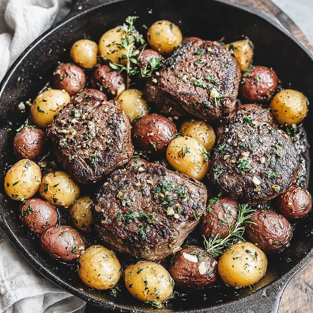 garlic butter steak and potatoes skillet easy final presentation