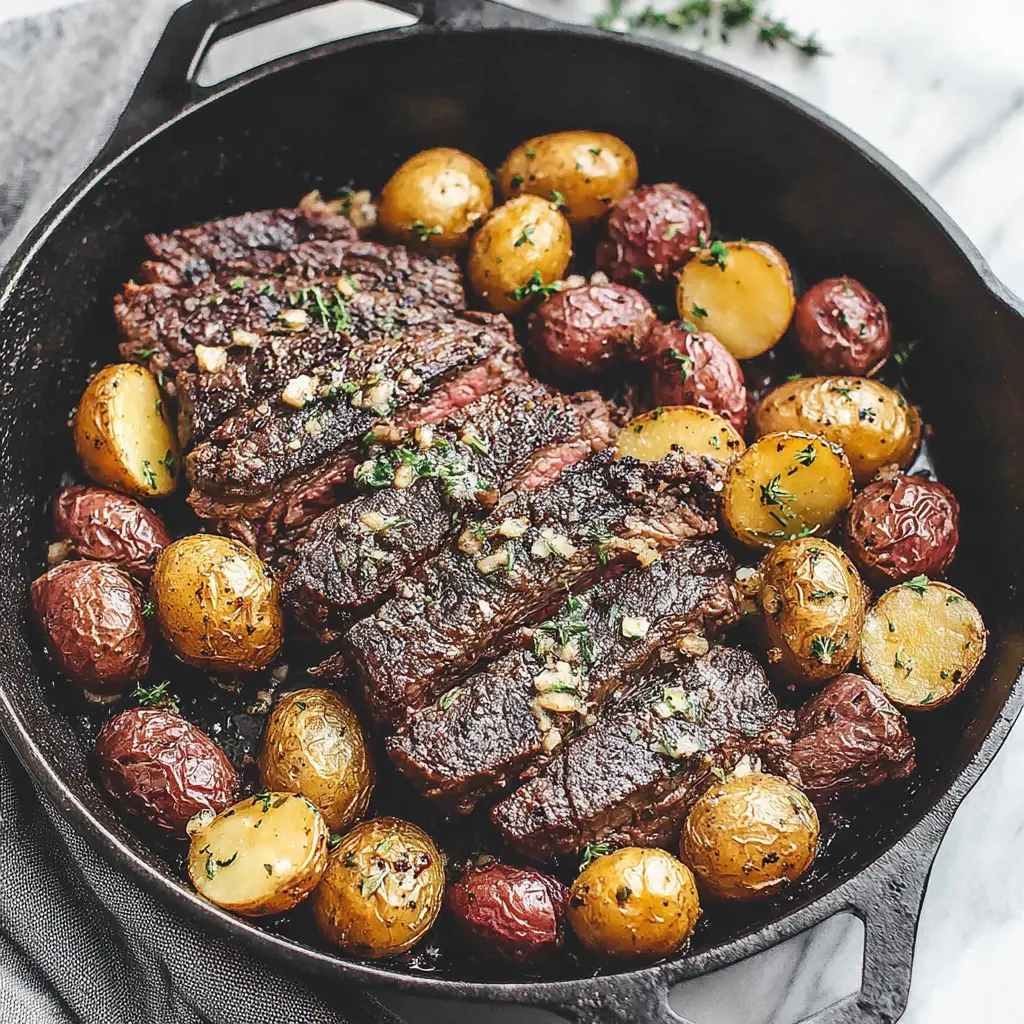 garlic butter steak and potatoes skillet easy close up