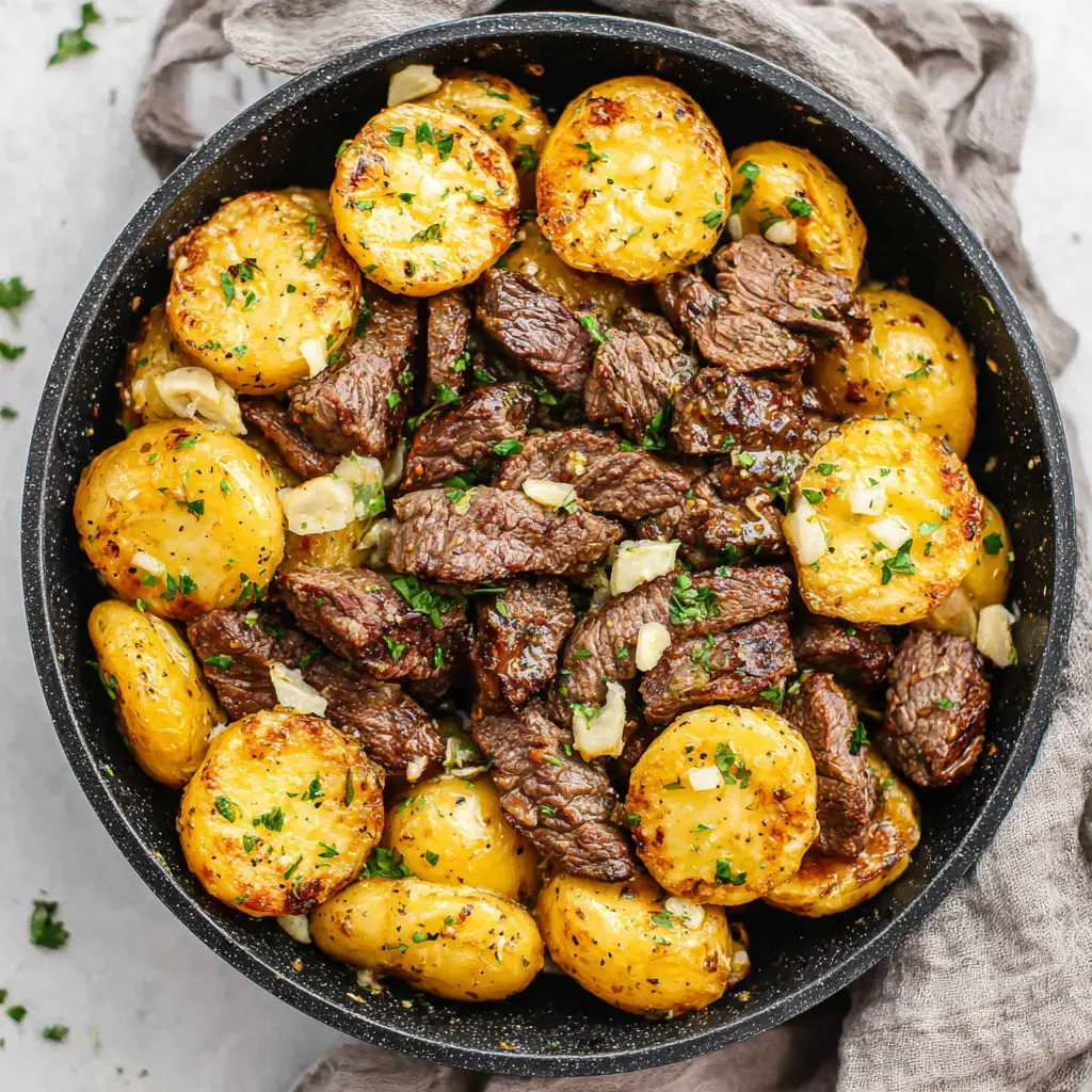 garlic butter steak and potatoes skillet honey garlic close up