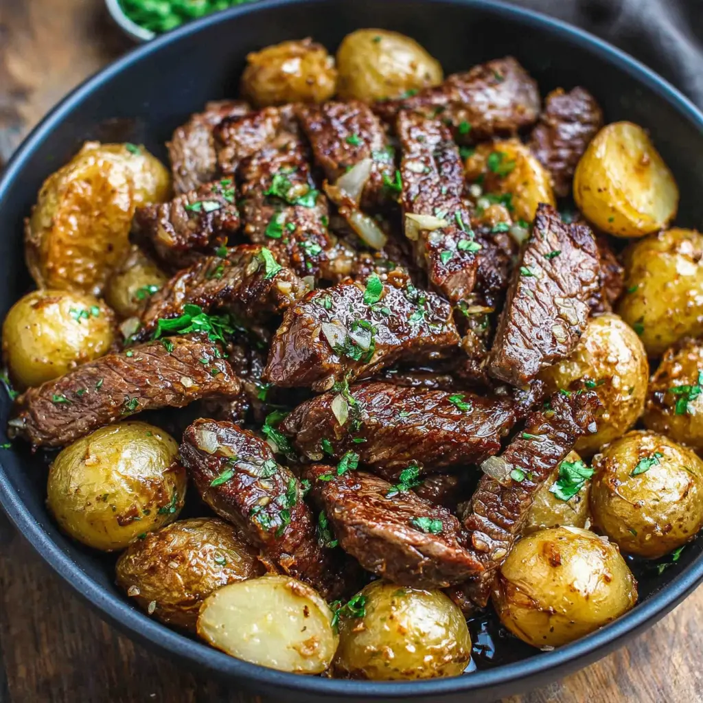 garlic butter steak and potatoes skillet one pot close up