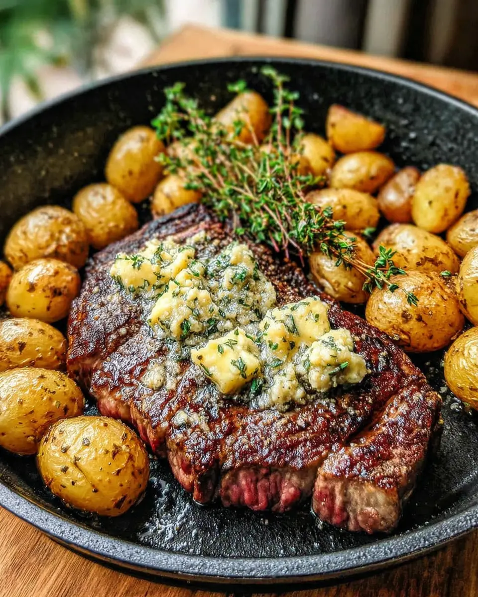 garlic butter steak and potatoes skillet oven close up