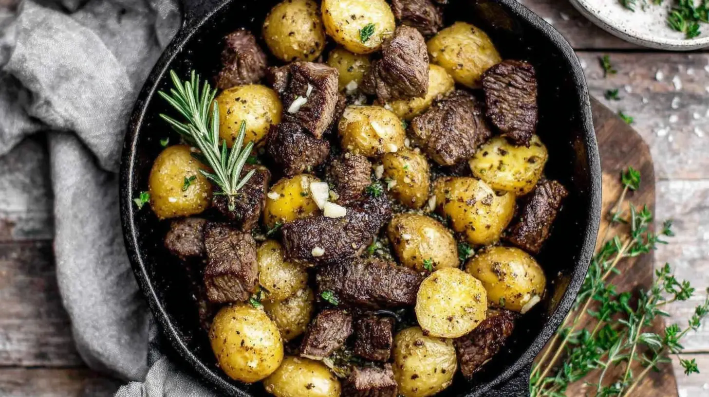 garlic butter steak and potatoes skillet recipe served with a side salad