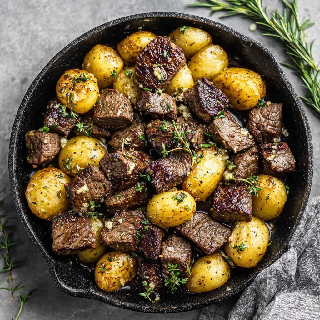 close up of seared steak and crispy potatoes in a cast iron skillet