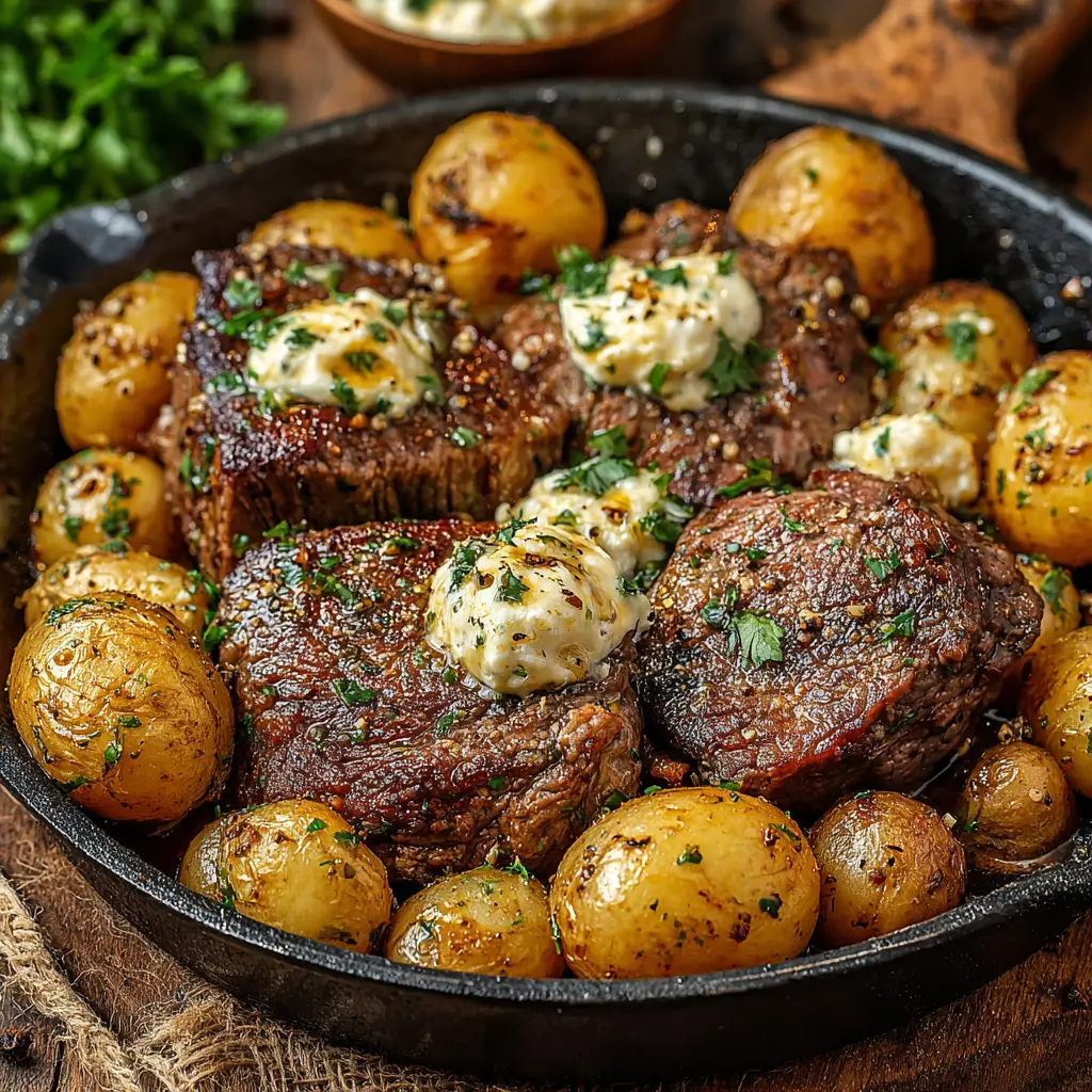 garlic butter steak and potatoes skillet with cream cheese served with a side of asparagus