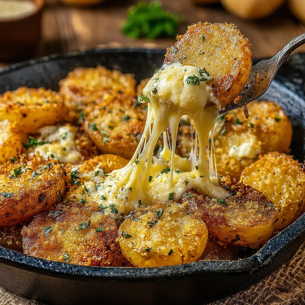 creamy garlic butter sauce coating steak and potatoes in a cast iron skillet