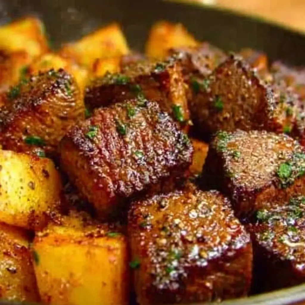 garlic butter steak bites and potatoes skillet recipe close up