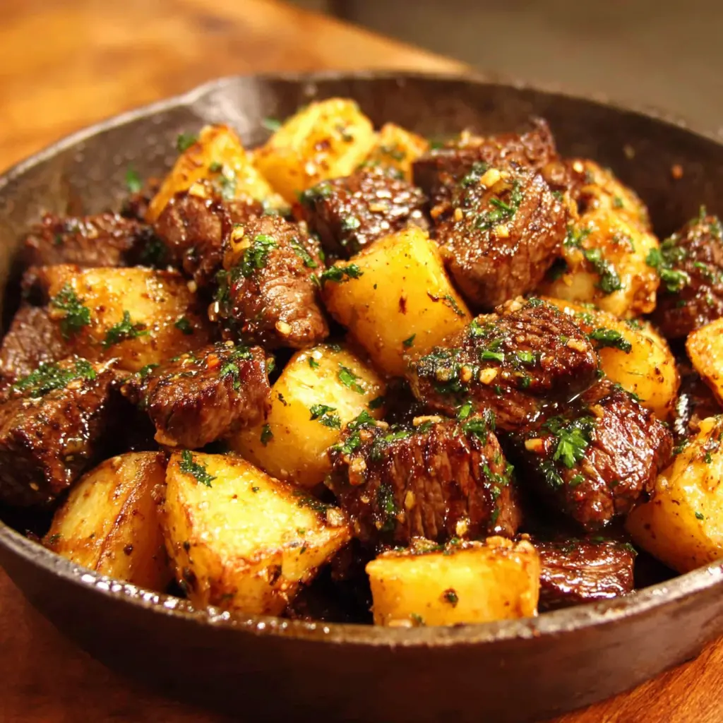 garlic butter steak bites and potatoes skillet recipe final presentation