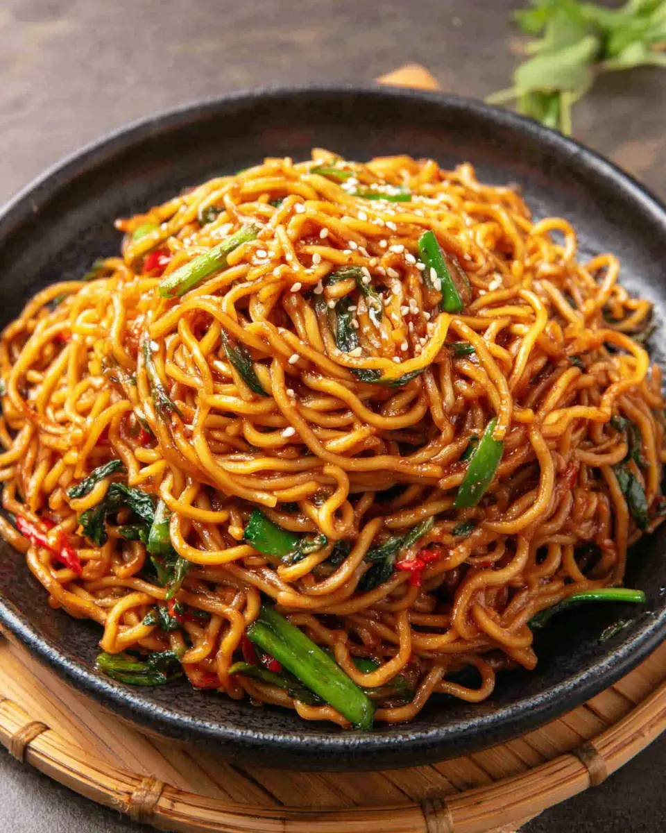 garlic noodle stir fry recipe close up