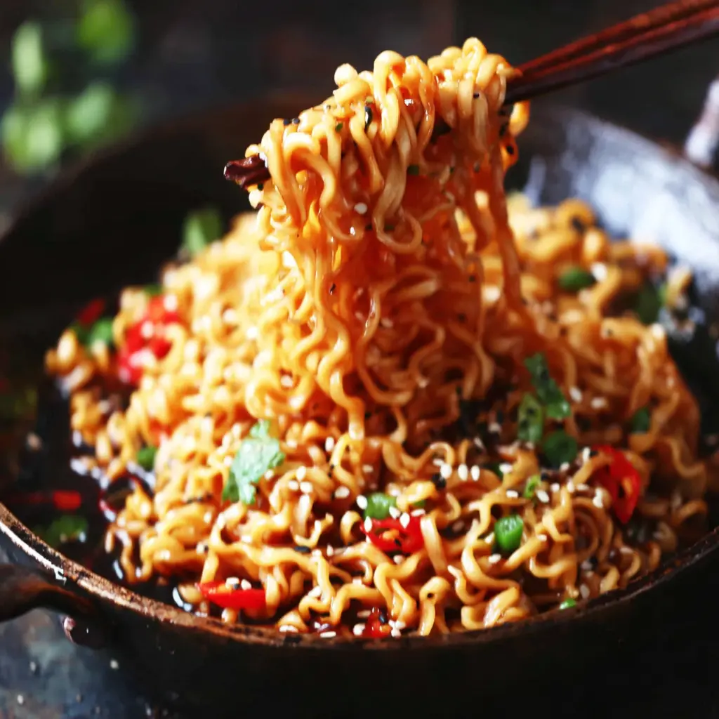 garlic ramen stir fry close up
