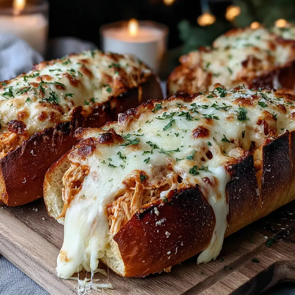grilled cheesy chicken garlic bread boats close up